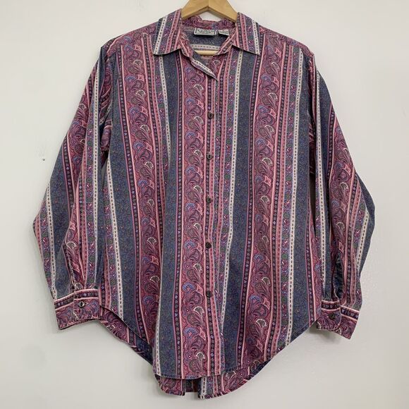 Vintage 90s Kyoto Kasuals Womens Medium Cotton Long Sleeve Shirt Paisley Striped - Picture 4 of 5